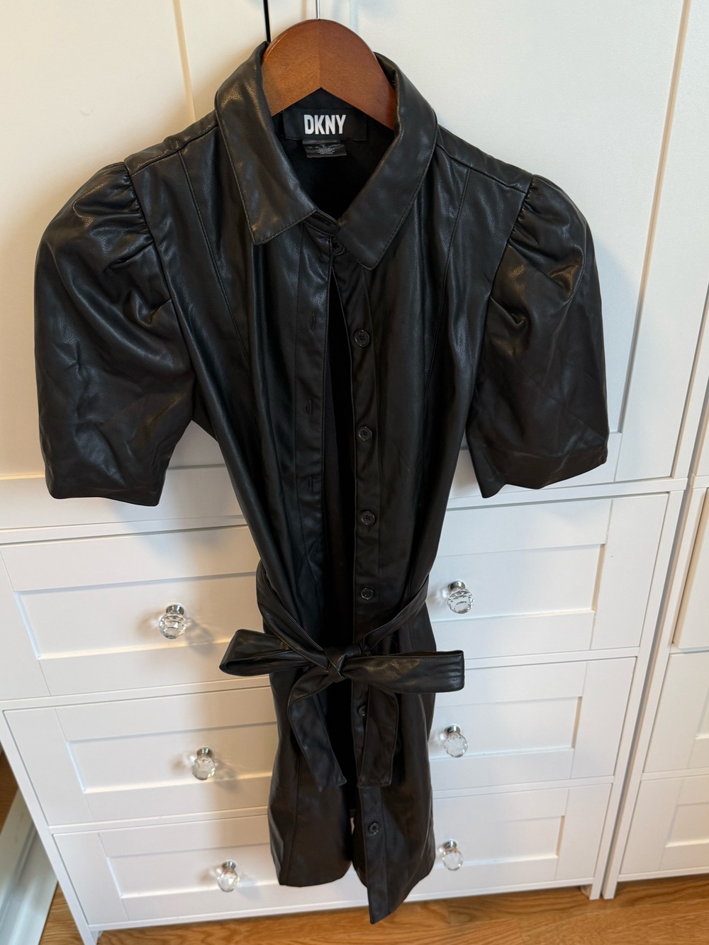 DKNY Black Faux Leather Puff-Sleeve Button-Front Dress with Tie Waist